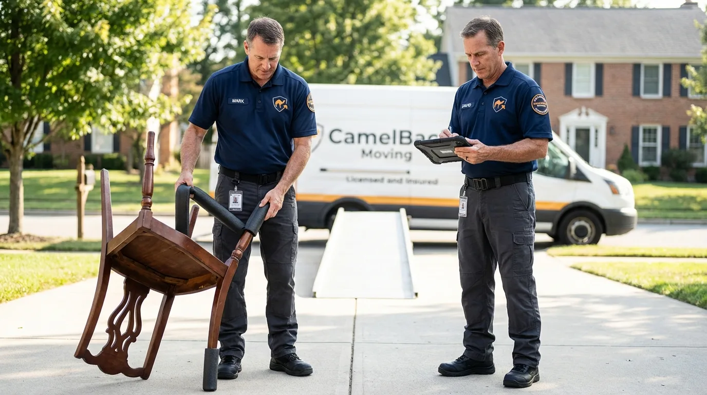 Movers inspecting furniture for damage prevention before loading in Statesboro, GA
