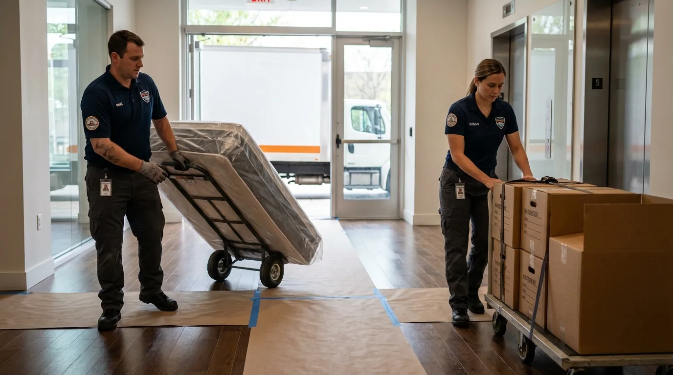 Professional apartment movers loading elevator in Statesboro, GA
